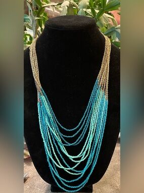 Gold Multi-Strand Turquoise Bead Necklace - Women Jewelry